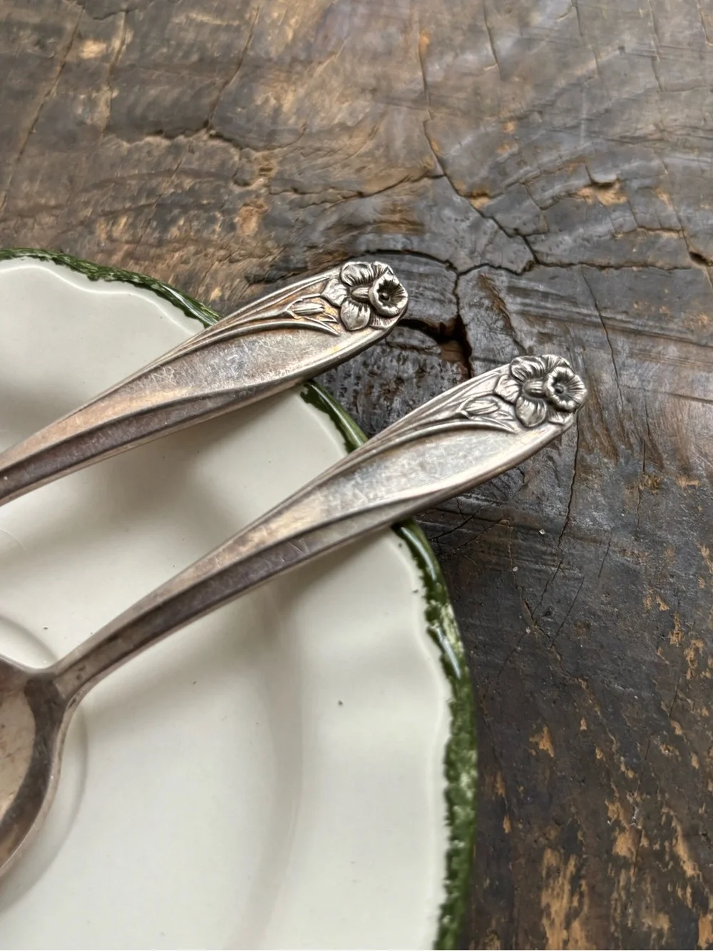 Vintage silver plated baby spoon and fork with embossed daffodil. Rogers Bros
